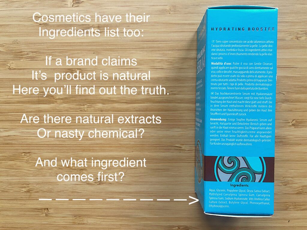 Ingredients list on a cosmetic product