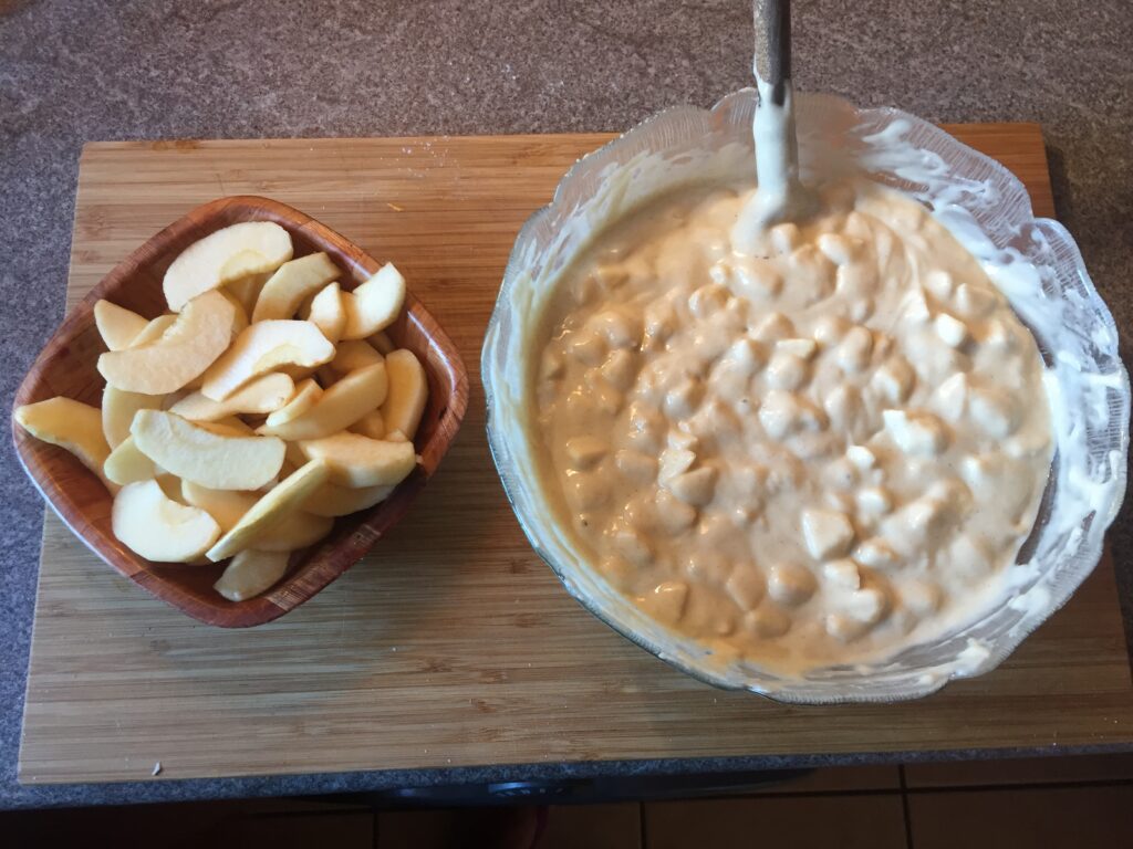 mix the apple piece in the batter, keeping the apple slice apart.