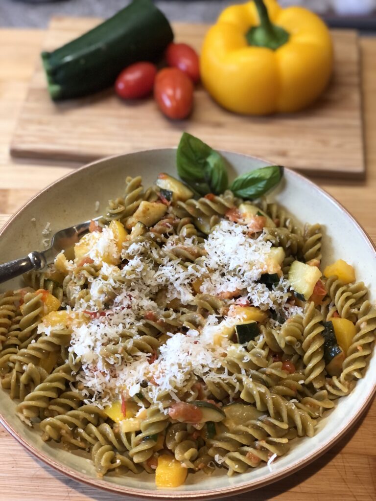 Healthy rainbow pasta with parmesan