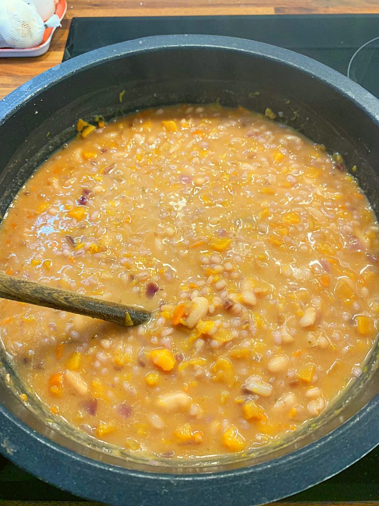 Butternut squash, cannellini beans and barley soup