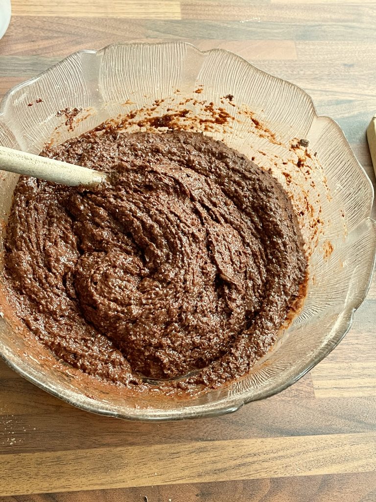 Preparing the vegan chocolate cake batter